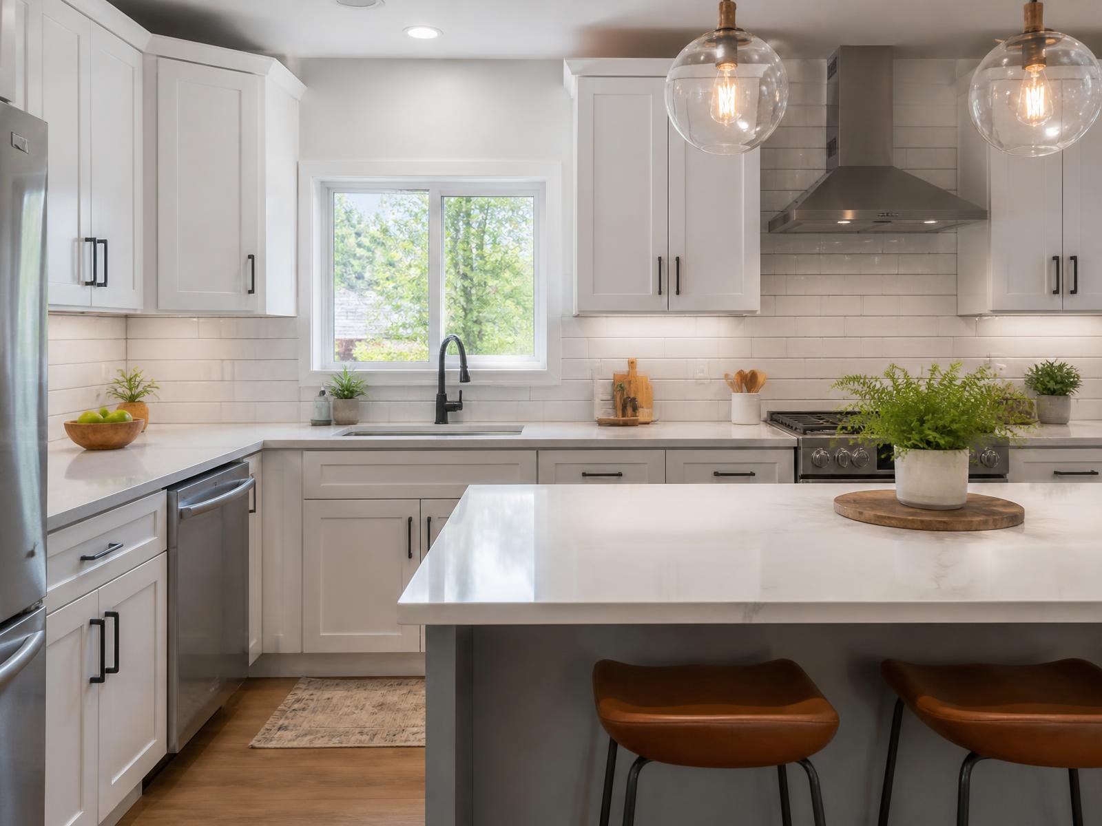 Finished kitchen renovation with white cabinets and quartz counters by Pro One in York PA