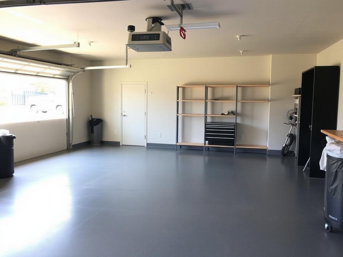 Finished garage with coated floor and shelving