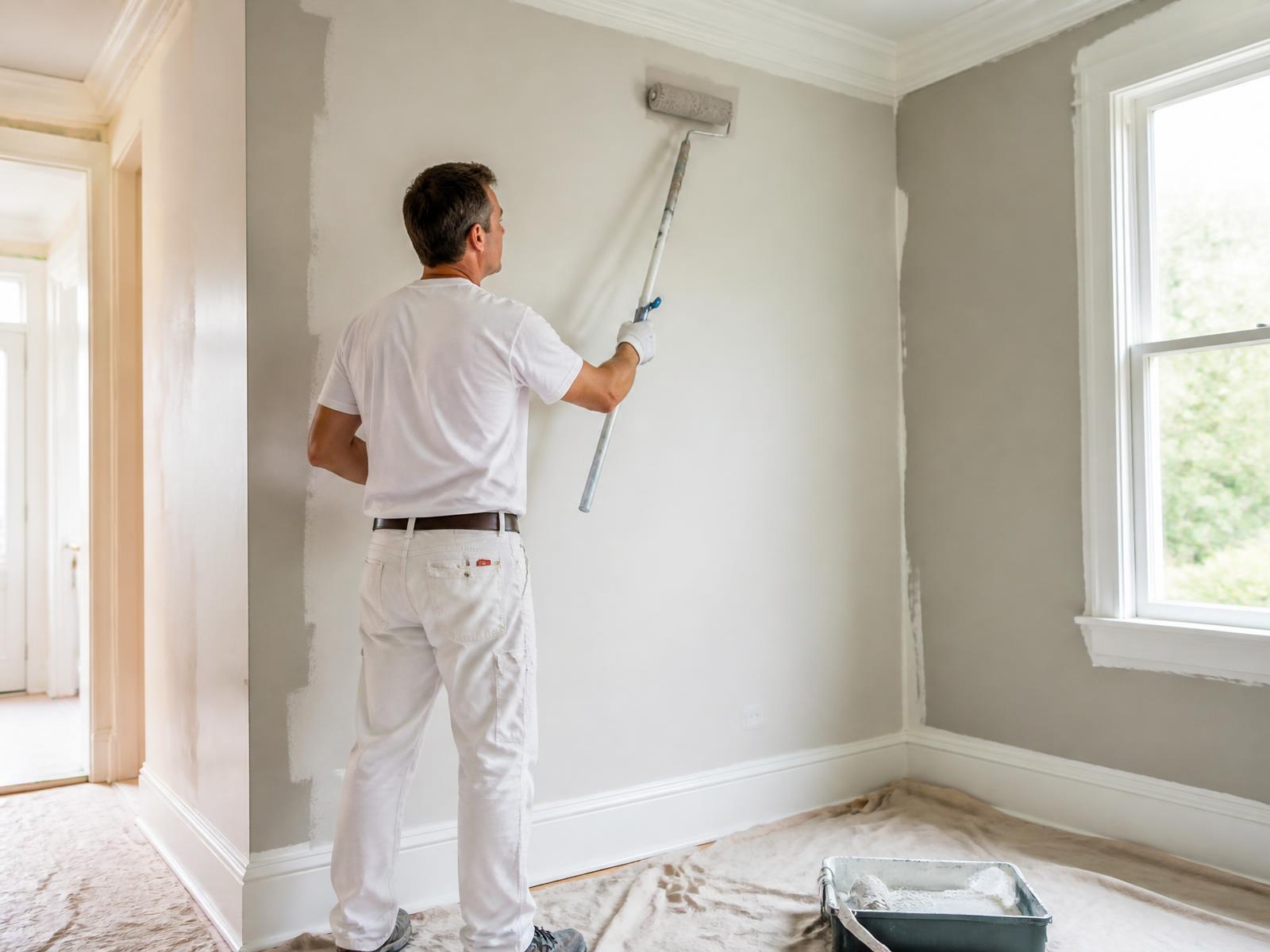 Professional painter rolling a fresh coat on an interior wall