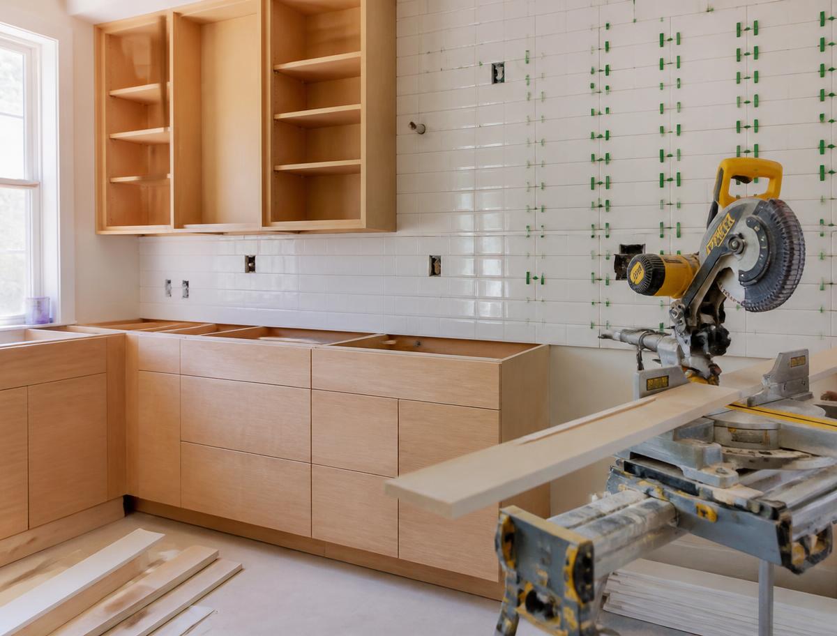 Kitchen cabinetry, tile backsplash in progress and a miter saw with trim boards