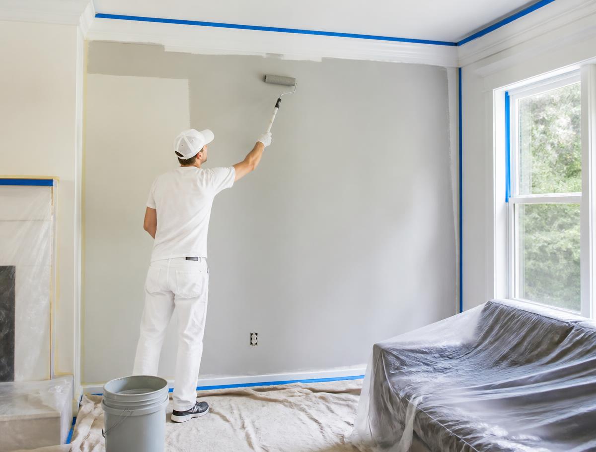 Professional painter rolling fresh paint on an interior wall with taped trim