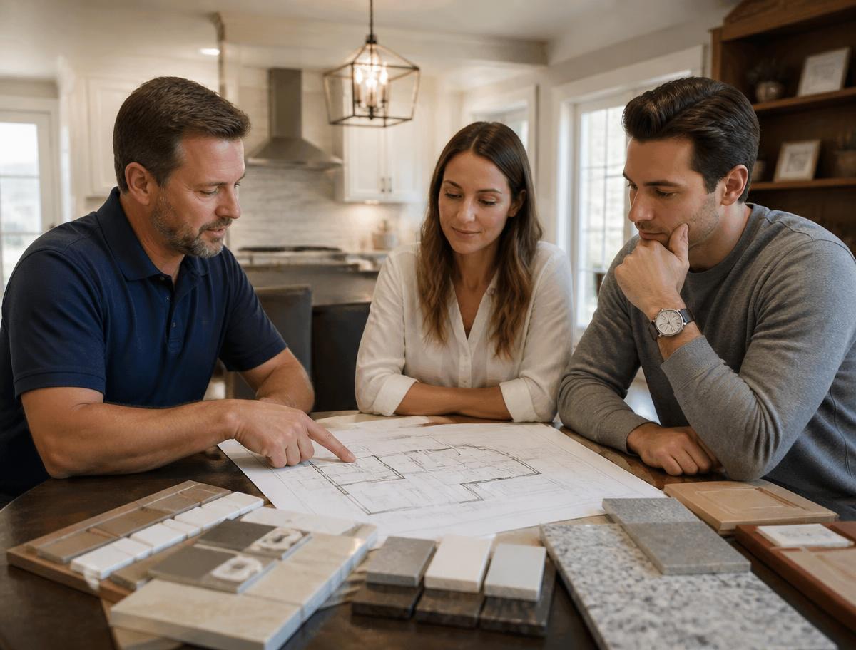 Pro One estimator reviewing renovation plans and material samples with homeowners