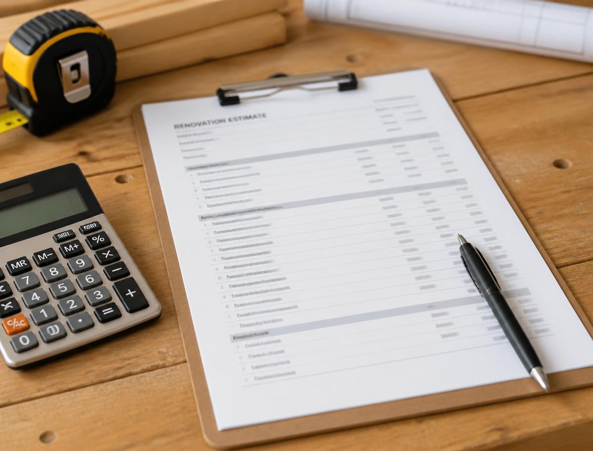 Itemized renovation estimate on a clipboard with calculator and pen